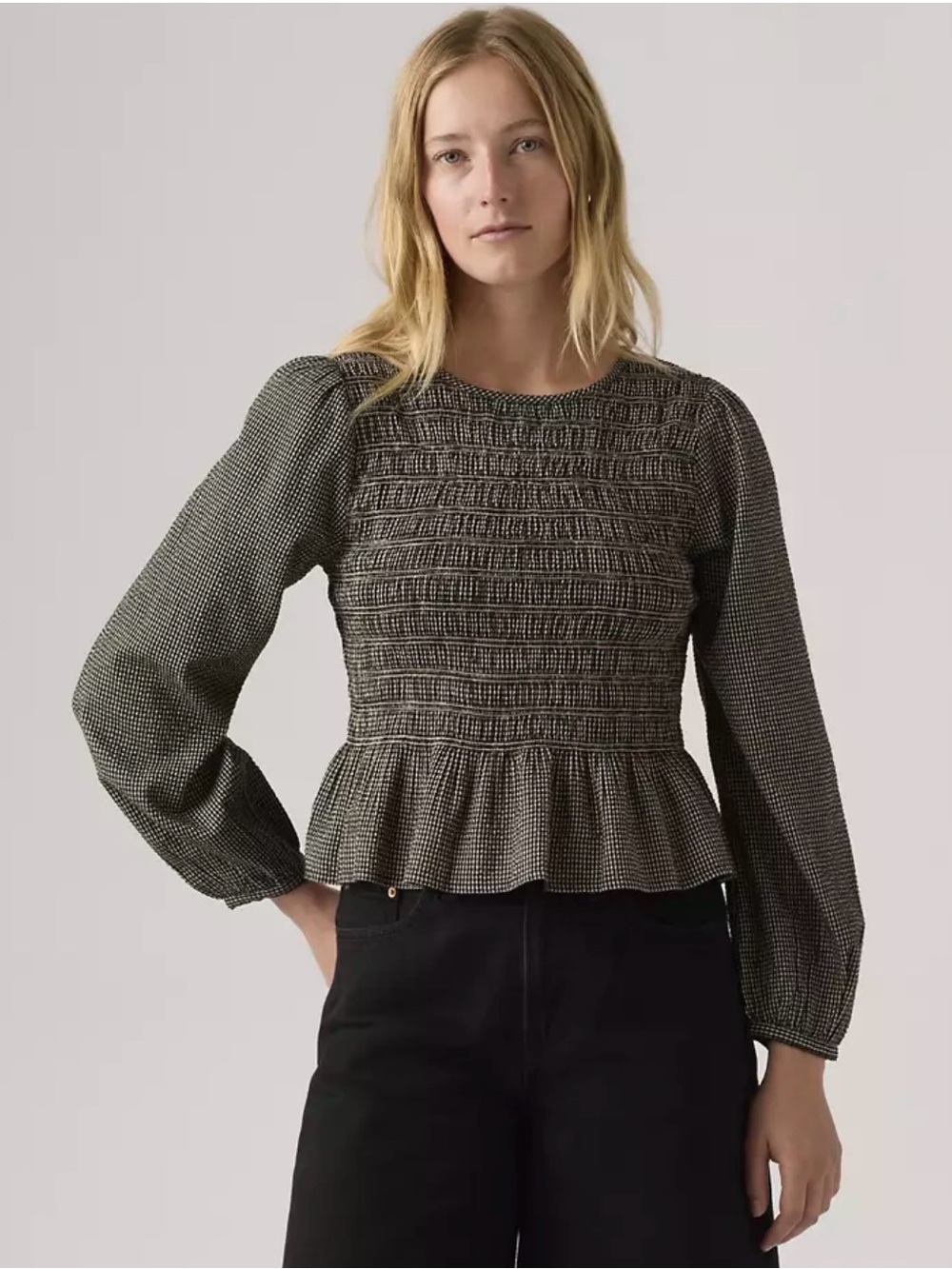 Gingham Smocked Peplum Blouse Levi’s Cottagecore Summer in black and white